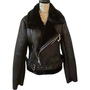 Black faux fur lining motto jacket L&J studios
